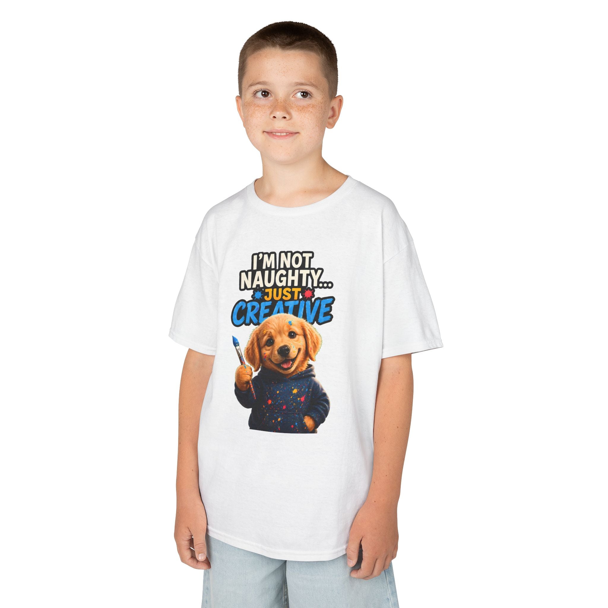 I'm Not Naughty Just Creative Kids T-Shirt | Puppy Artist Paintbrush