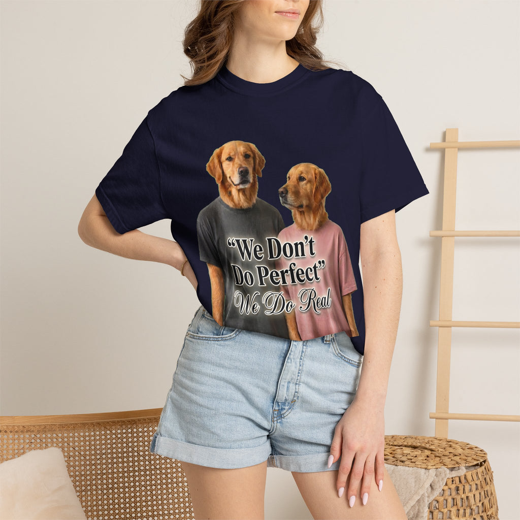 Golden Retriever Couple Illustration T-Shirt | We Don't Do Perfect We Do Real
