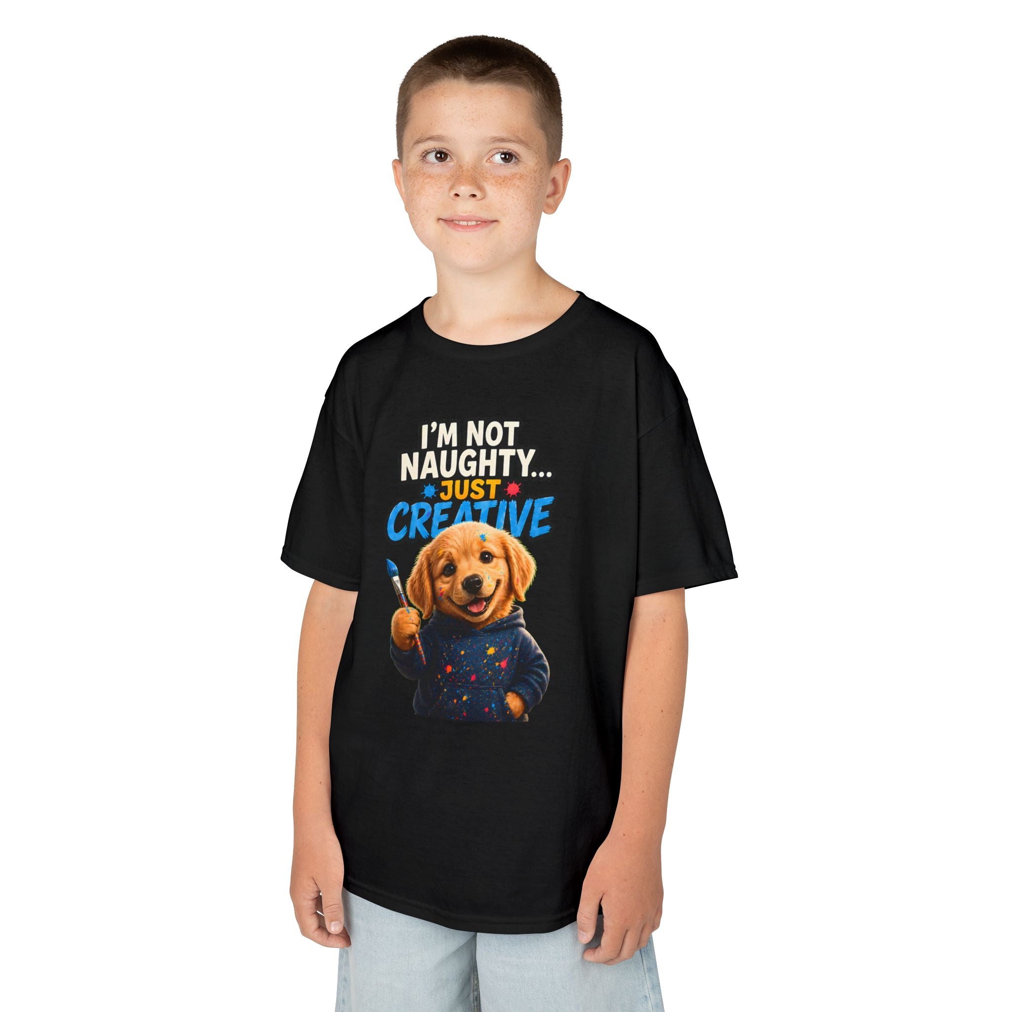 I'm Not Naughty Just Creative Kids T-Shirt | Puppy Artist Paintbrush