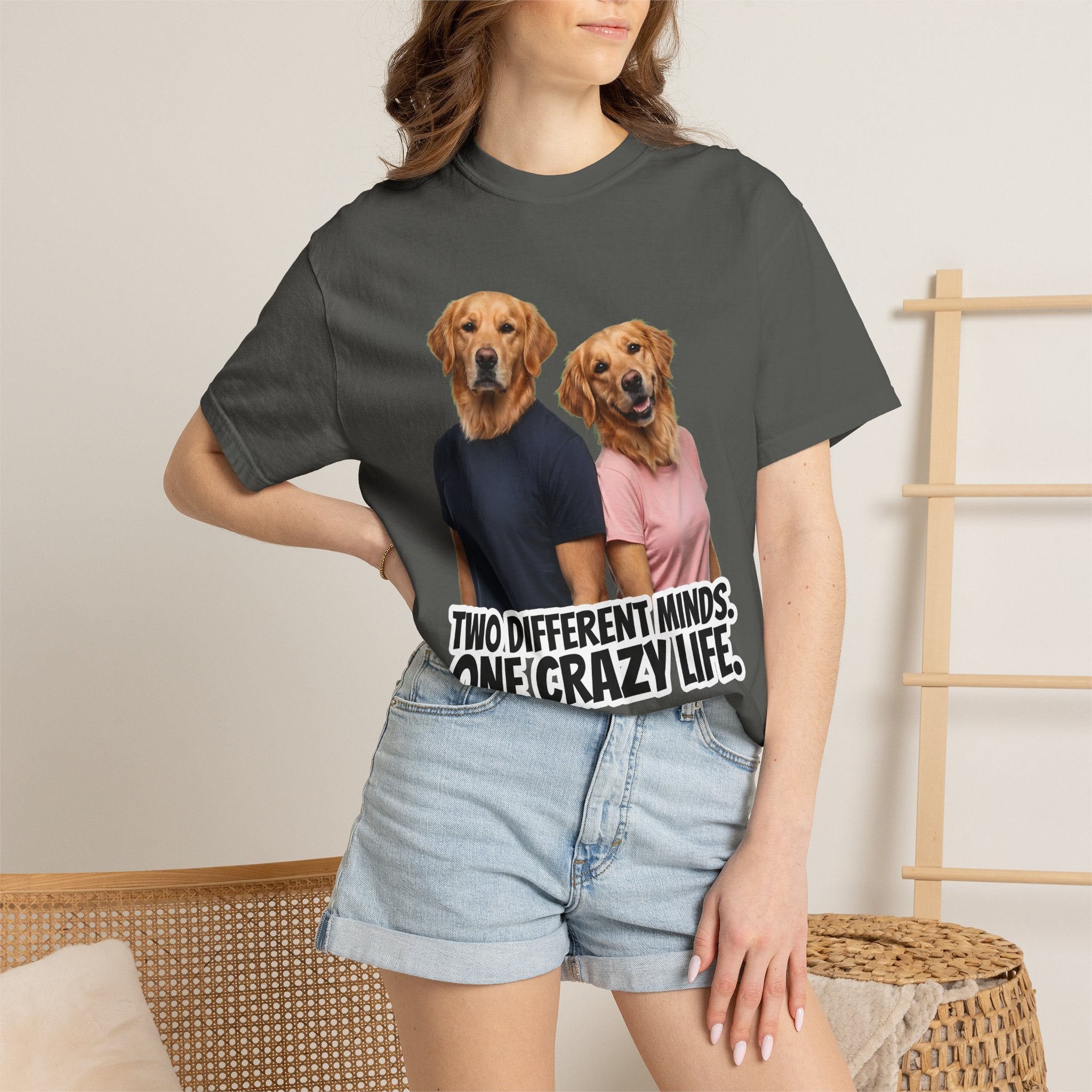 Two Different Minds, One Crazy Life – Funny Couple T-Shirt | Matching Dog Tee (Unisex)