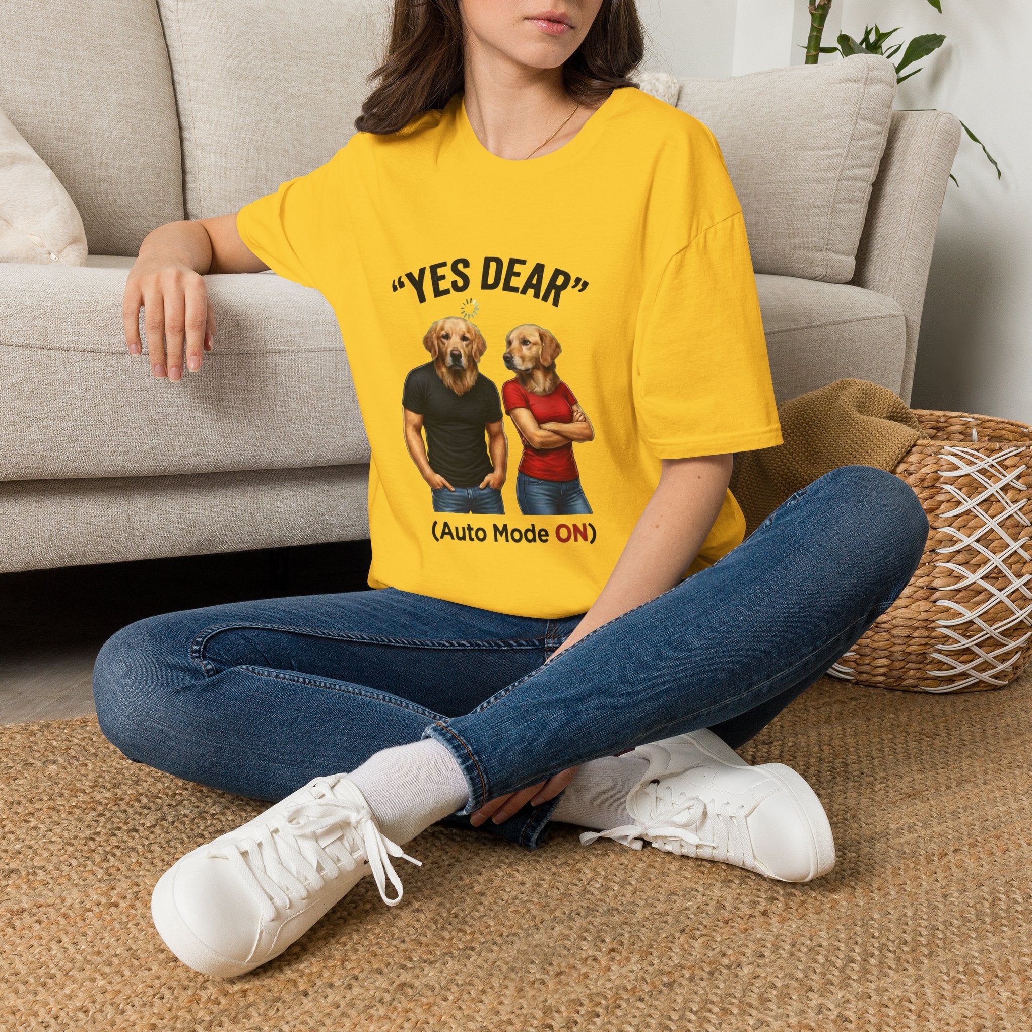 Yes Dear T-Shirt — Funny Golden Retriever Couple Tee ("Auto Mode ON")