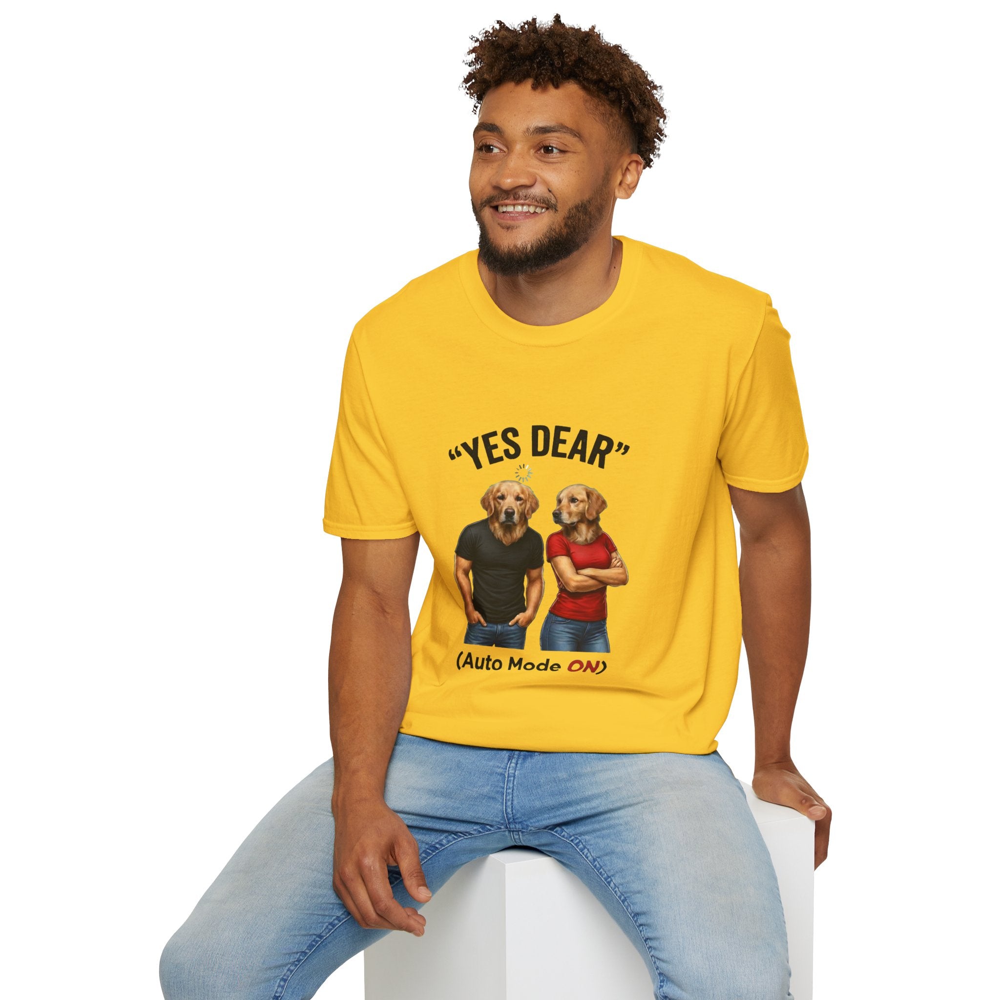 Yes Dear T-Shirt — Funny Golden Retriever Couple Tee ("Auto Mode ON")