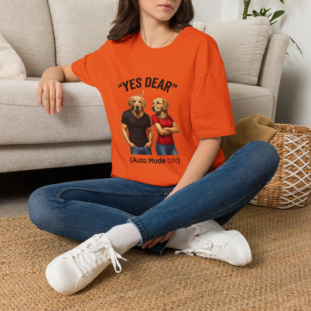 Yes Dear T-Shirt — Funny Golden Retriever Couple Tee ("Auto Mode ON")